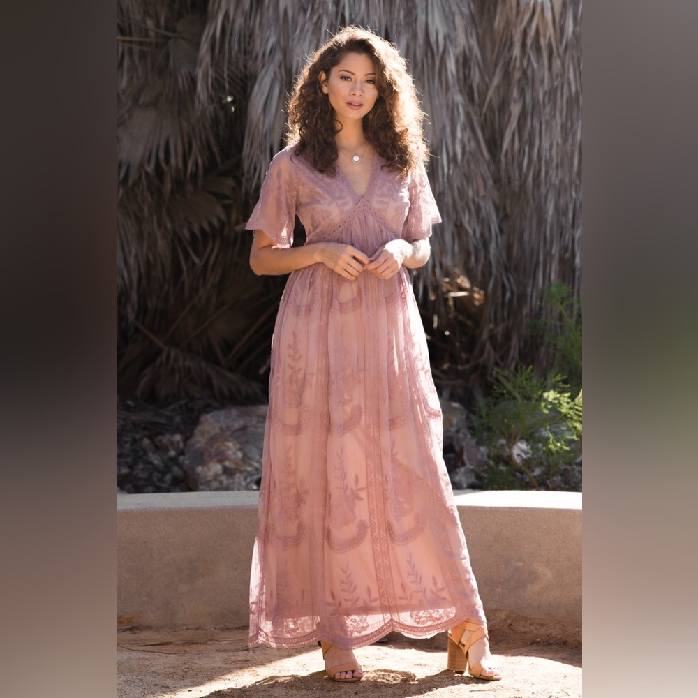 PinkBlush Mauve Lace Mesh Overlay Maxi Dress